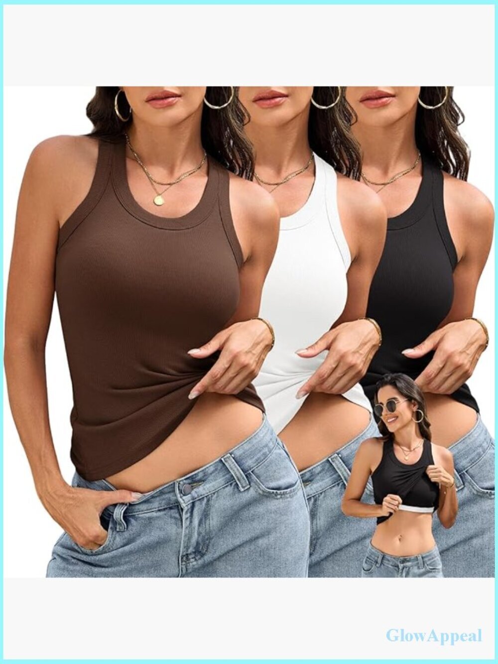 3 Pack Ribbed Tank Tops with Built in Bra Fitted Sleeveless